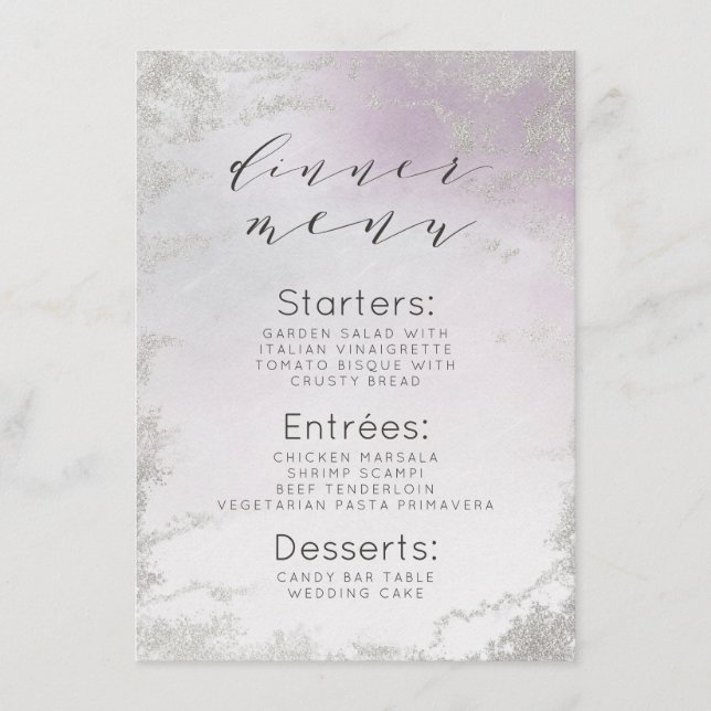 Ombre Lavender Lila Silver Foil Mattiert Abendesse Menükarte (Vorderseite)