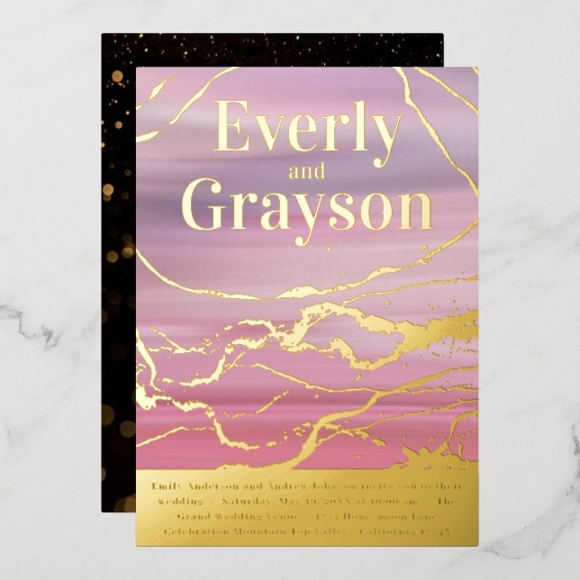 Ombre Lavender Pink Marble Veining Gold Wedding Folieneinladung (Vorderseite/Rückseite)