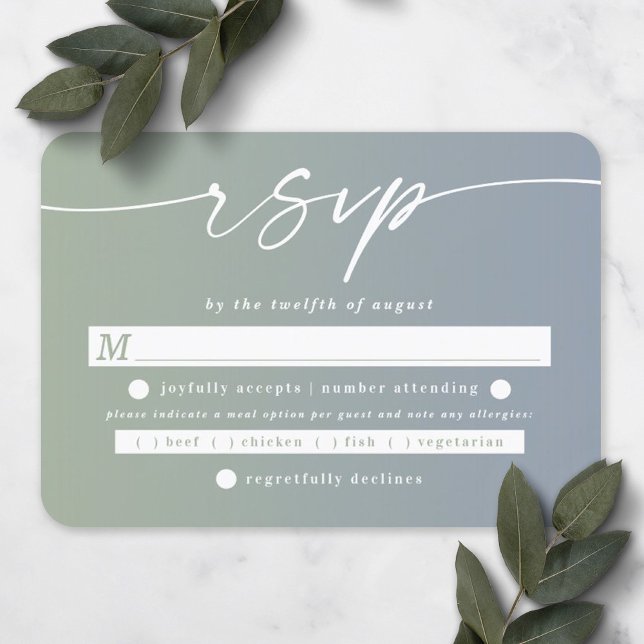 Ombre Leaf Green & Dusty Blue Wedding Meal RSVP Karte (Von Creator hochgeladen)