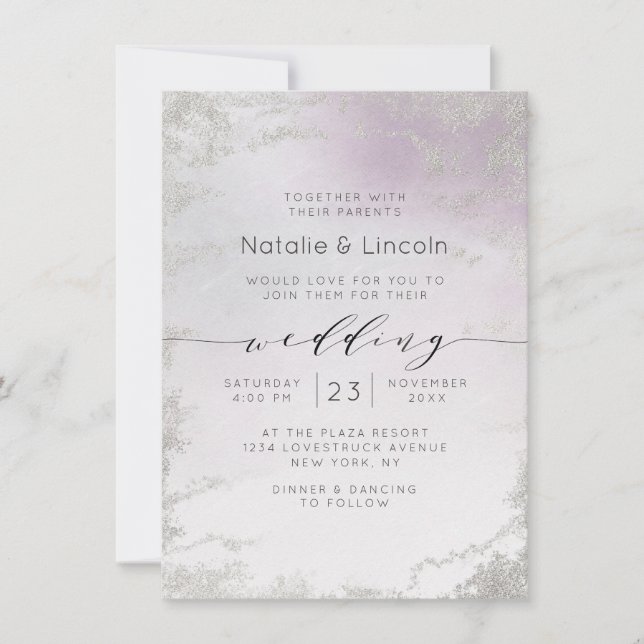 Ombre Light Lila Silver Foil Luxe Script Wedding Einladung (Vorderseite)