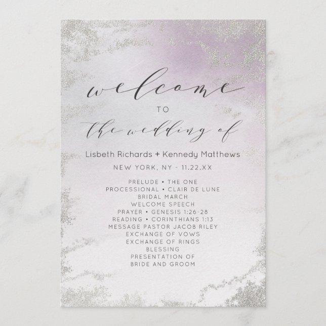 Ombre Light Lila Silver Foil Wedding Zeremonie Programm (Vorderseite)