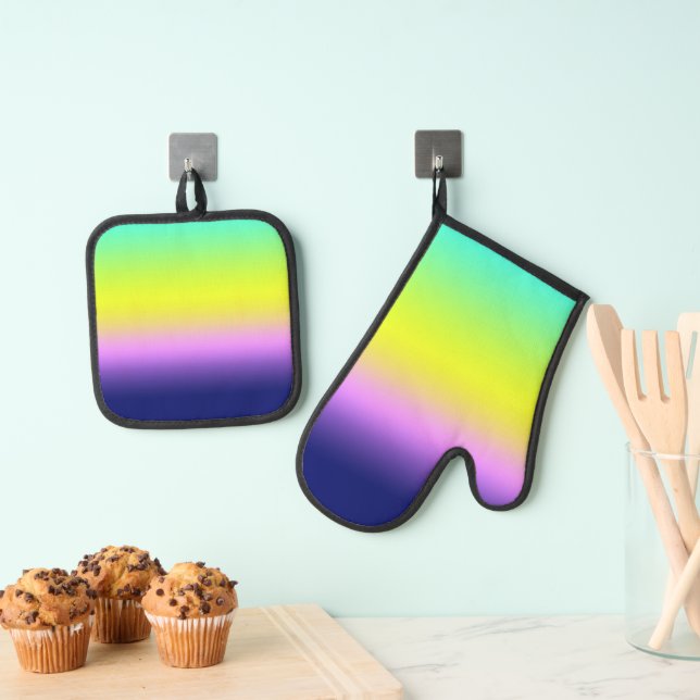 Ombre lila-gelbe Frühlingsfarbenrippe Ofenhandschuh & Topflappen-Set (Insitu (Hängend))