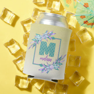 Ombre Mermaid Scales Monogram | Aquarellblume Dosenkühler