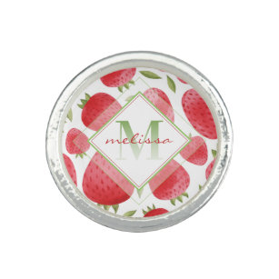 Ombre Monogram & Strawberries + Rot & Grün + Rosa Ring