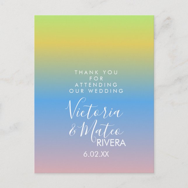 Ombre Rainbow Yellow Blue Pink Wedding Vielen Dank Postkarte (Vorderseite)