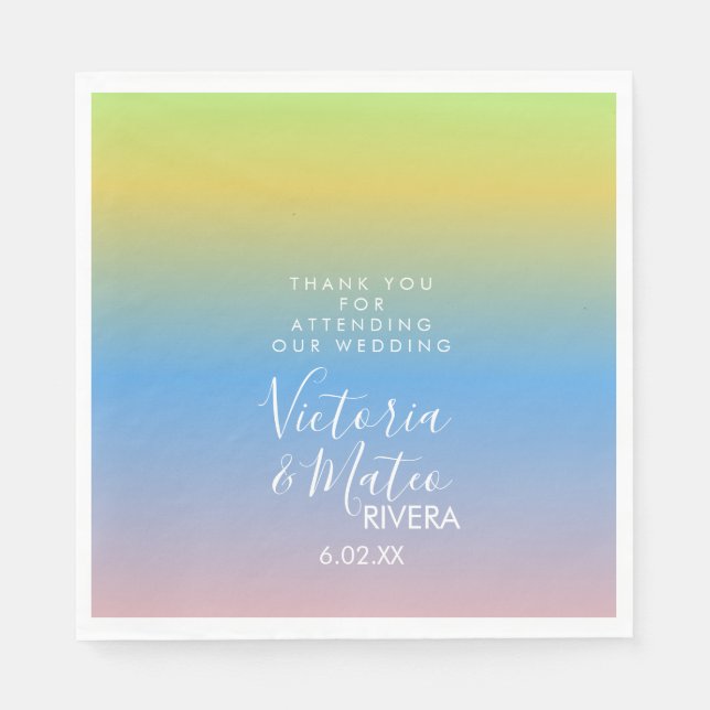 Ombre Rainbow Yellow Blue Pink Wedding Vielen Dank Serviette (Vorderseite)