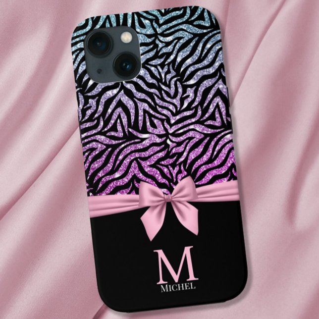 Ombre rosa-blauer Glitzer Zebra Streifen Bow Monog Case-Mate iPhone Hülle (Von Creator hochgeladen)