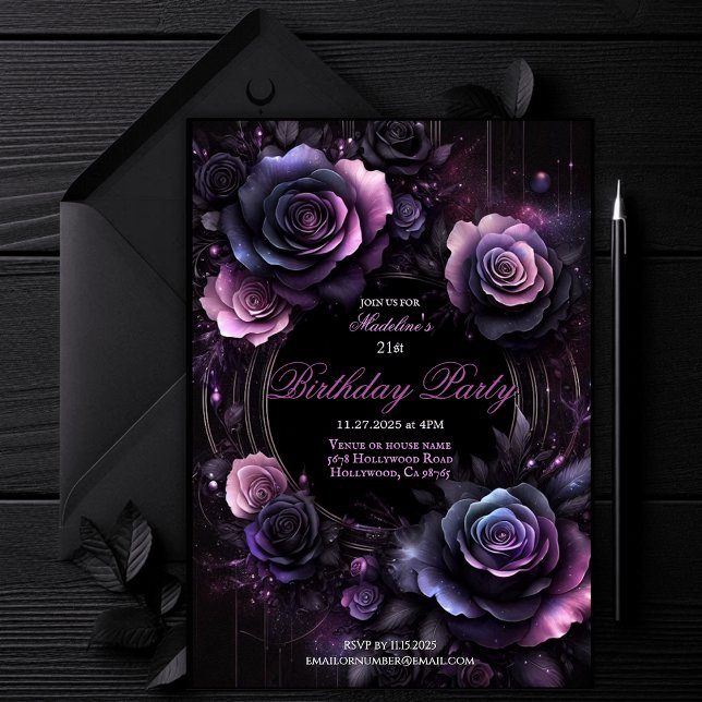 Ombré-Rose Einladung zur Geburtstagsparty, elegant (dark elegant birthday invite, floral gothic party invite, black pink purple roses event invitation,)