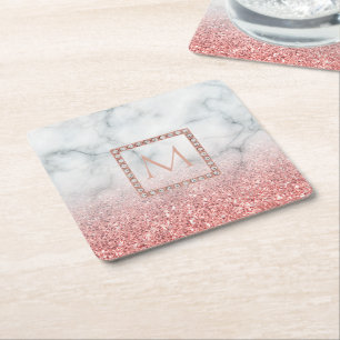ombre Rose gold monogramm auf Marmorstein Rechteckiger Pappuntersetzer