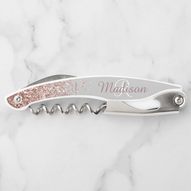 Ombre Rose Gold Stylish Monogram Glitzer Kellnermesser (Rückseite)