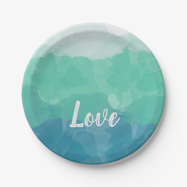 Ombre Türkis Blau und Neo Mint Liebe Gradient Pappteller (Vorderseite)