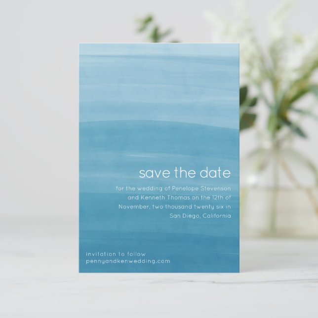 Ombre-Verlaufs-Tauchfärbung Ozeanblau  Save The Date (Stehend Vorderseite)