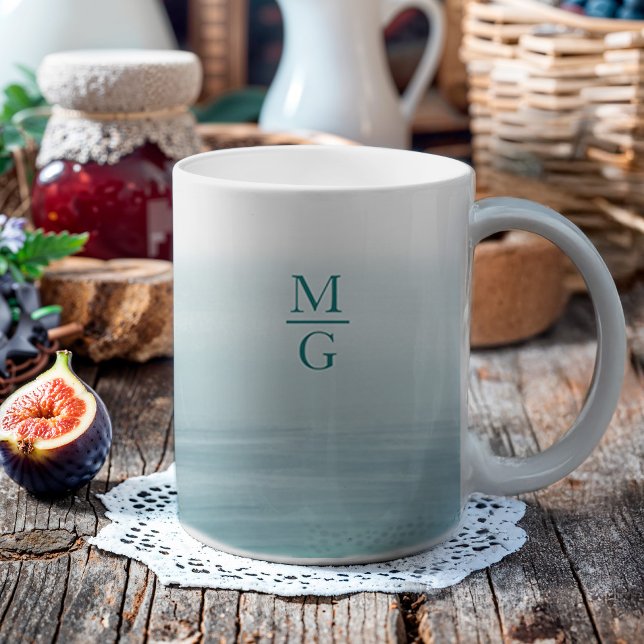 Ombre Watercolor Beach Monogram Aquamarin Kaffeetasse (This mug features a watercolor ombre background that feels like a beach with a monogram.)