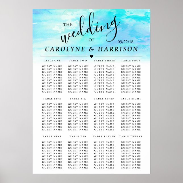 Ombre Watercolor Wedding Chart - Blau Poster (Vorne)