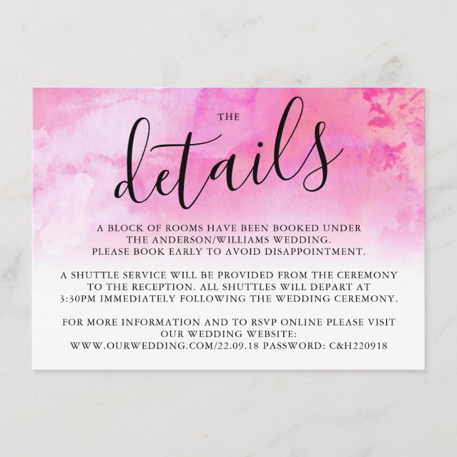 Ombre Watercolor Wedding Detail Card - Rosa Begleitkarte (Vorderseite)