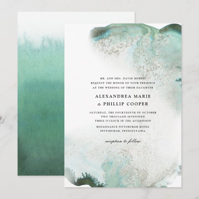 Ombre Watercolor Wedding Invitation Suite | GREEN Einladung (Vorne/Hinten)