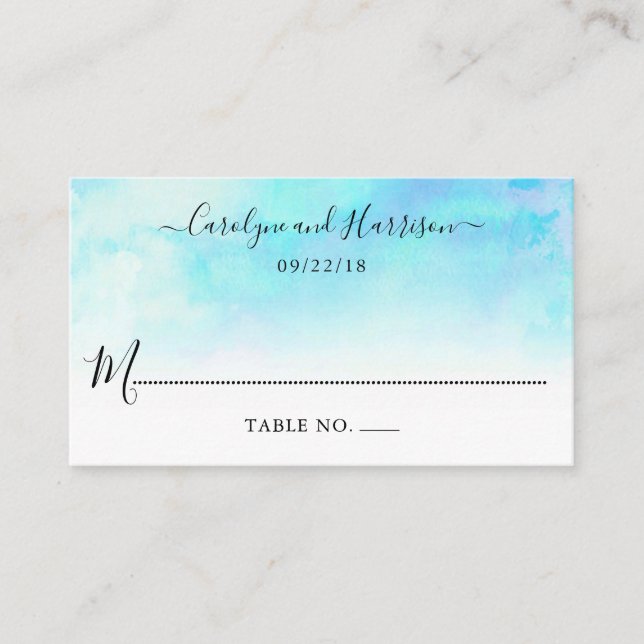 Ombre Watercolor Wedding Platzkarten - Blau (Vorderseite)