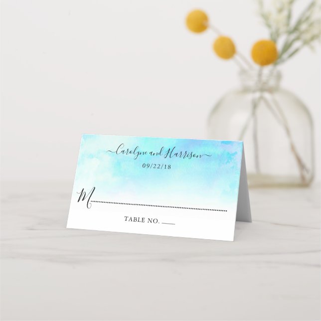 Ombre Watercolor Wedding Platzkarten - Blau (Vorderseite)