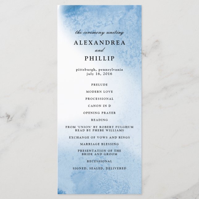 Ombre Watercolor Wedding Program | Blau Programm (Vorderseite)