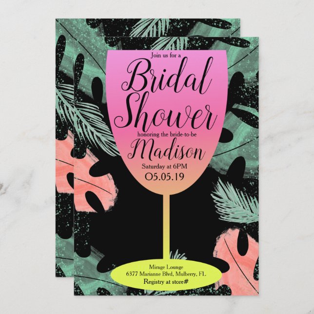 Ombre Wine Glass Tropical Brautparty Einladung (Vorne/Hinten)