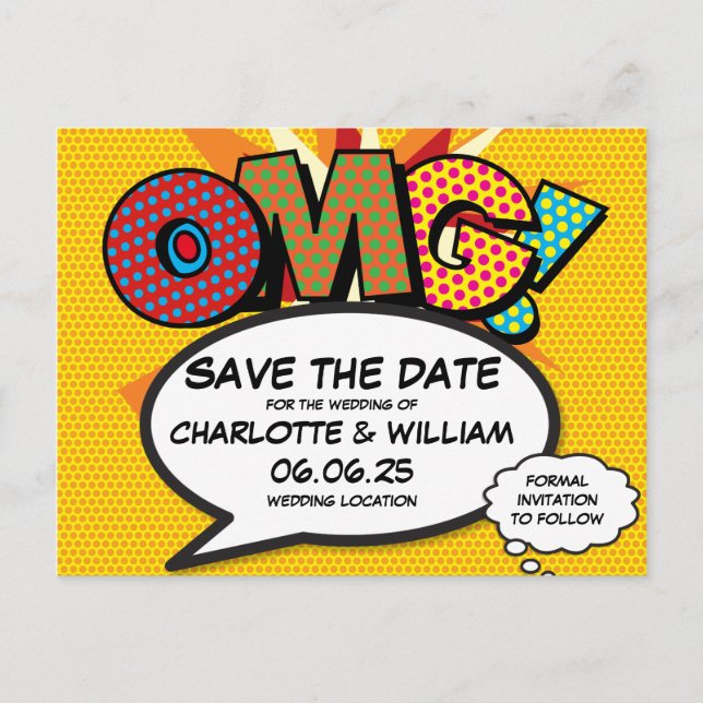 OMG Save the Date Spaß Retro Comic Pop Kunst Ankündigungspostkarte (Vorderseite)
