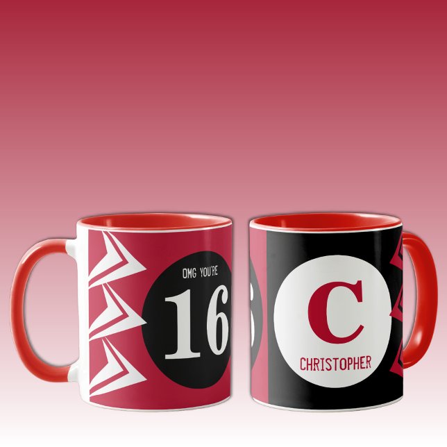 OMG Sie sind 16 Monogramm Name rot und schwarz Tasse (Von Creator hochgeladen)