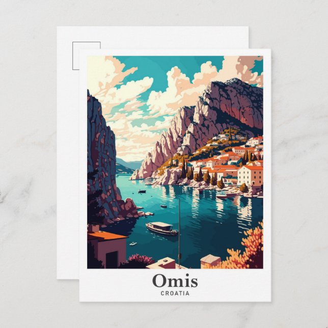 Omis Croatia Vintage Travel Potrait Illustration Postkarte (Vorne/Hinten)