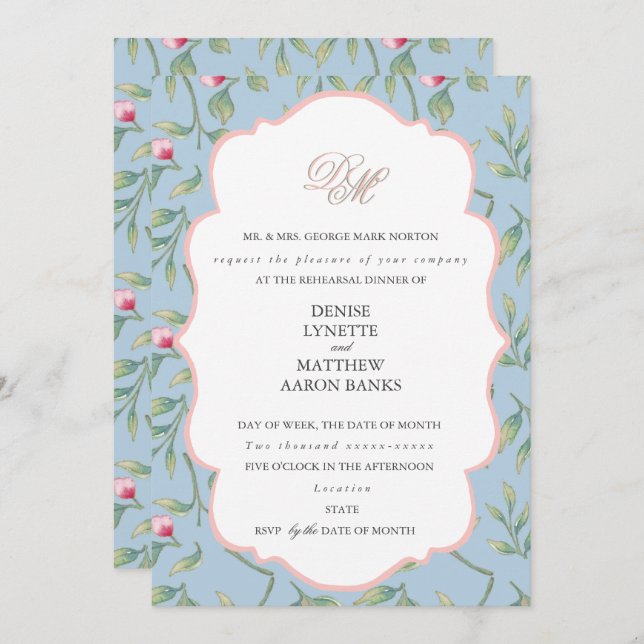 Omphalodes Blue und Gossamer Pink Probe Dinner Einladung (Vorne/Hinten)