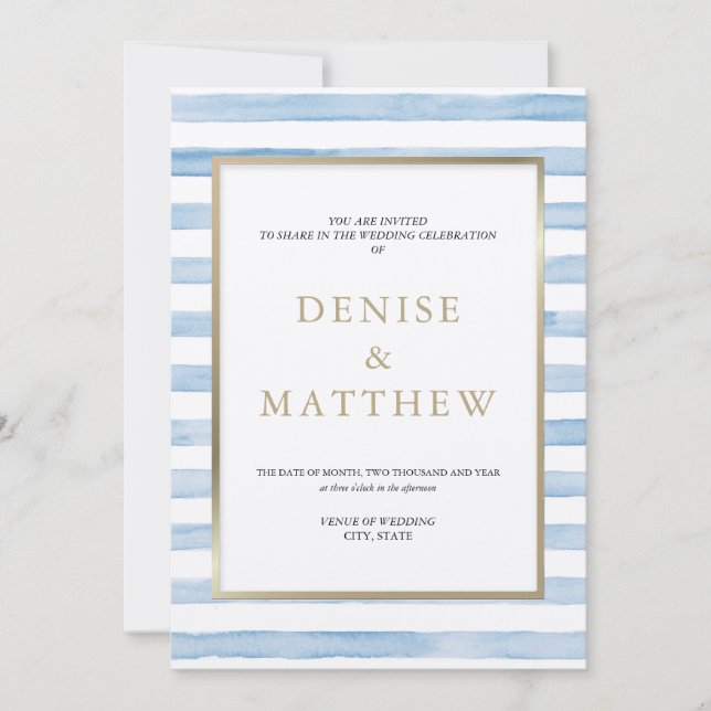 Omphalodes Blue Watercolor Streifen & Goldschrift Einladung (Vorderseite)