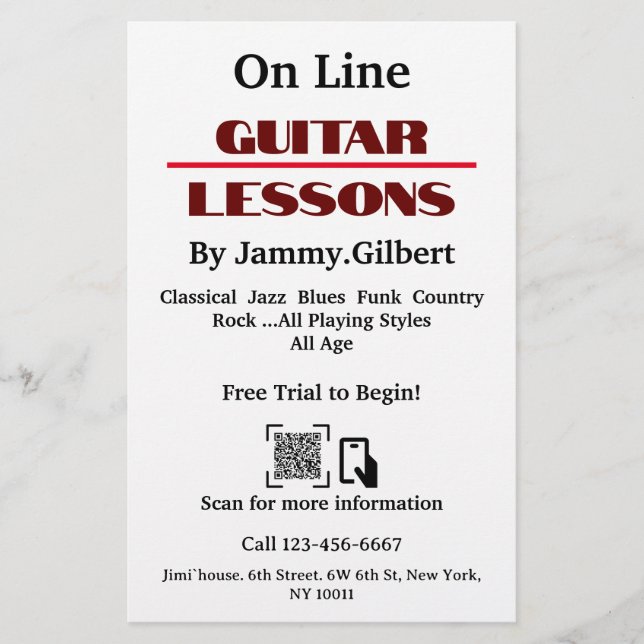 On Line Gitarren Lektionen Flyer Doppelseitige Dru (Vorne)