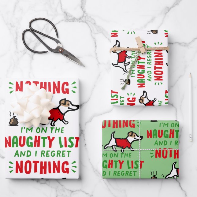 On the Naughty List and I Regret Nothing Funny Dog Geschenkpapier Set (Vorderseite)