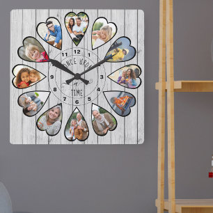 Once Upon a Time 12 Herzförmige Fotos Graues Holz Quadratische Wanduhr