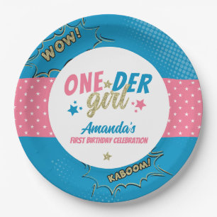 Onder Girl Pink und Blue First Birthday Pappteller