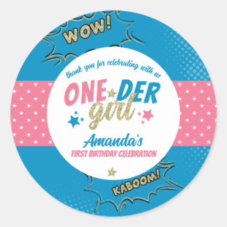 Onder Girl Pink und Blue First Birthday Runder Aufkleber