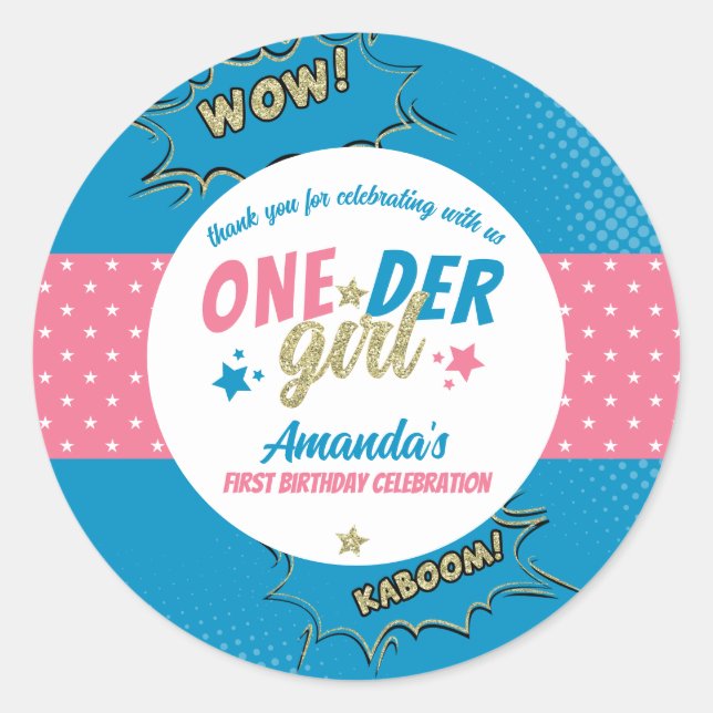 Onder Girl Pink und Blue First Birthday Runder Aufkleber (Vorderseite)