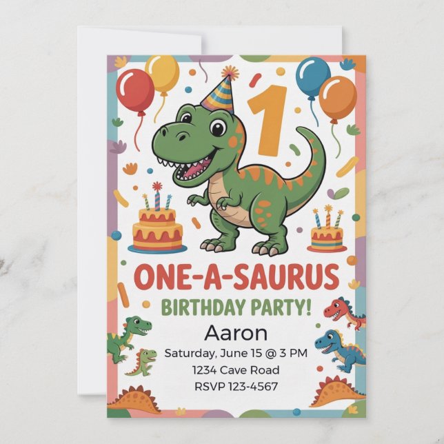 One-A-Saurus 1. Geburtstag | Grüner Dinosaurier Einladung (Vorderseite)