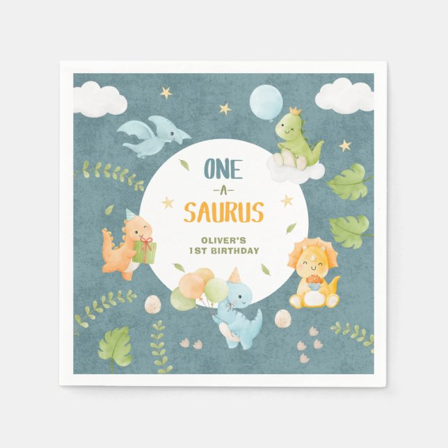 One-A-Saurus Dinosaur 1st Birthday Party Serviette (Vorderseite)