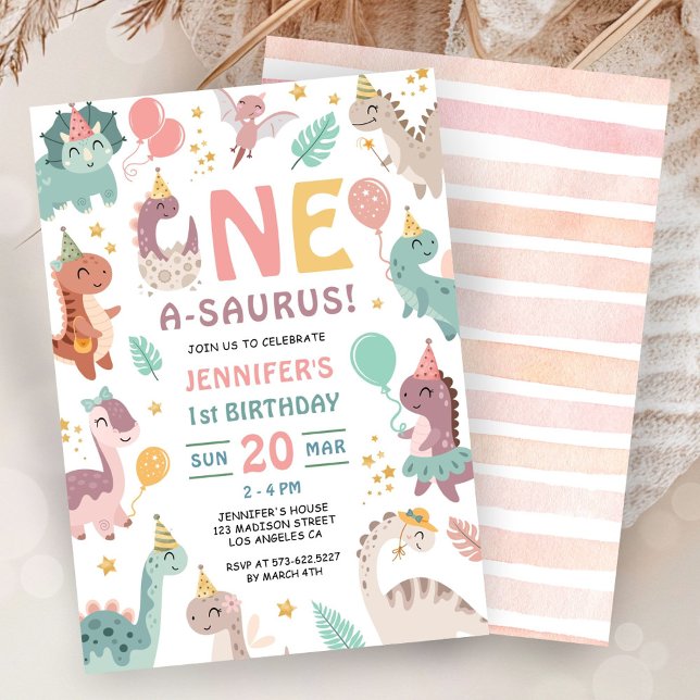 One A Saurus Dinosaur Girl 1st Birthday Invitation Einladung (Von Creator hochgeladen)