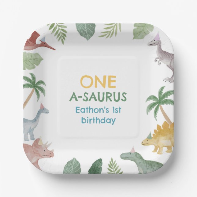 One A Saurus Dinosaur Junge Geburtstag Quadratisch Pappteller (Vorderseite)