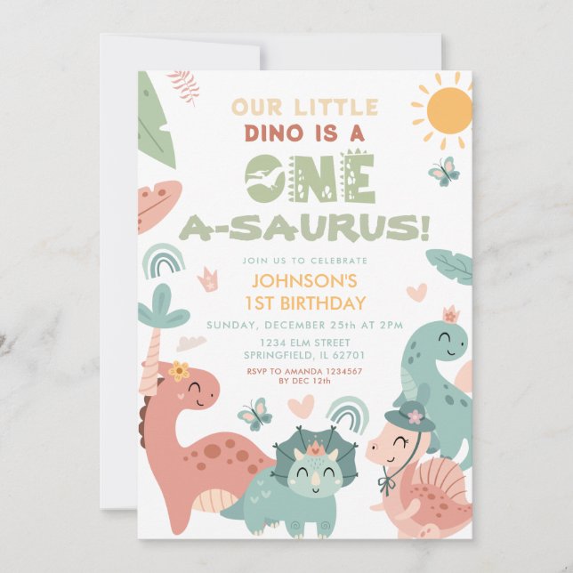 One A-saurus Dinosaur Kid's 1st Birthday Party Einladung (Vorderseite)