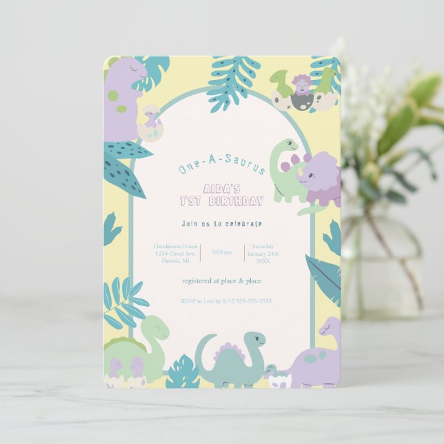 One-A-Saurus' Dinosaurier Erster Bithday Einladung (Stehend Vorderseite)