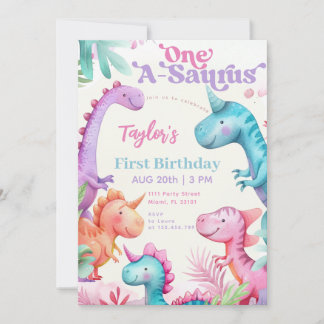 One-A-Saurus Lila Dinosaurier Girl Erster Geburtst Einladung