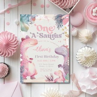One-A-Saurus Pink Dinosaurier Girl 1. Geburtstag Einladung