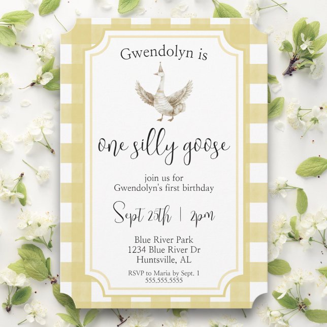"One Albern Goose Niedlich Yellow First Birthday P Einladung ("one silly goose" yellow gingham first birthday party invitations watercolor gender neutral invite)