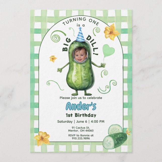 One Big Dill Pickle First Birthday Blue Photo Einladung (Vorderseite)