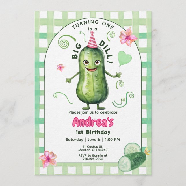 One Big Dill Pickle First Birthday Pink Einladung (Vorderseite)