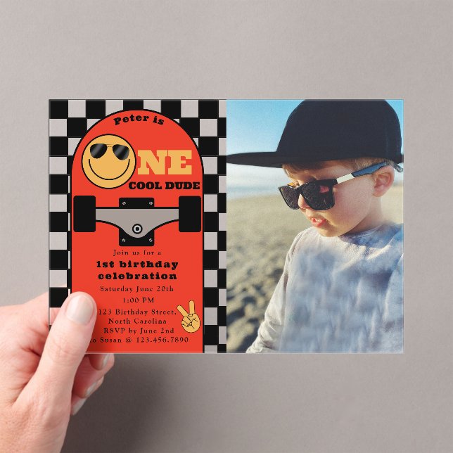 One Cool Dude 1st First Birthday Skateboard Photo Acryleinladungen (Insitu (Handheld))