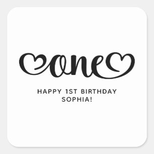 One Cute Hearts Schrift 1. Geburtstag Quadratischer Aufkleber