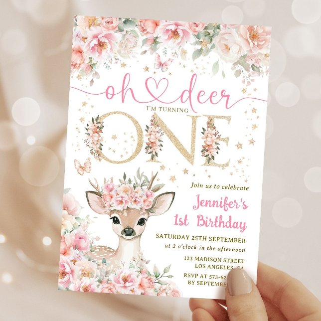 One-Deer-Ful Birthday Girl Pink Gold Invitation Einladung (Von Creator hochgeladen)