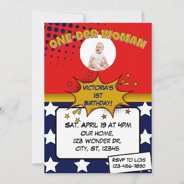 One-Der Woman, Superhero 1st Birthday  Einladung (Vorderseite)